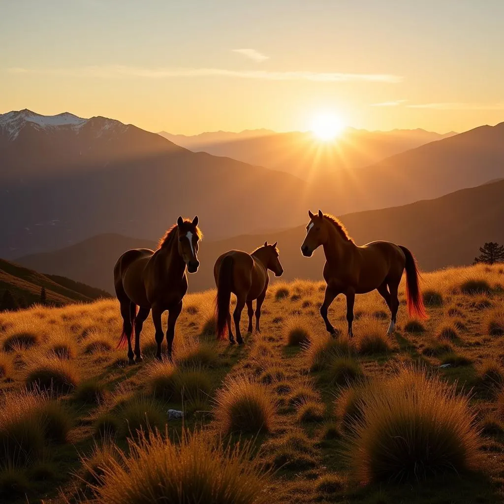 Horses grazing in a mountain pasture