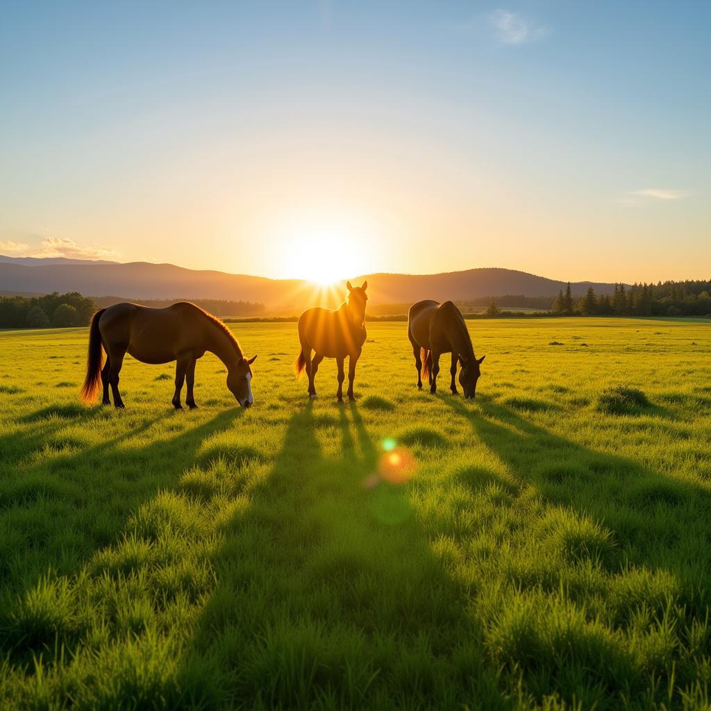 Horses Grazing on Lush Pasture