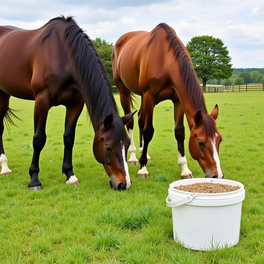 Horses grazing on pasture with Sentinel LS feed