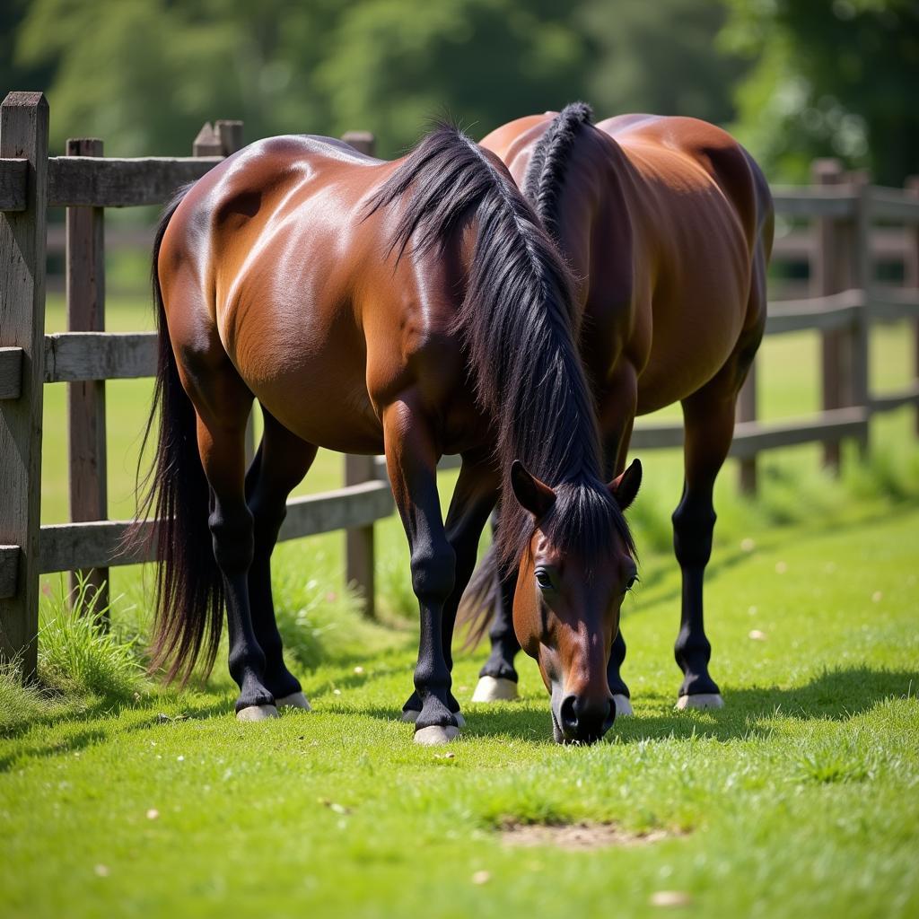 Horses grazing safely in a double-fenced pasture