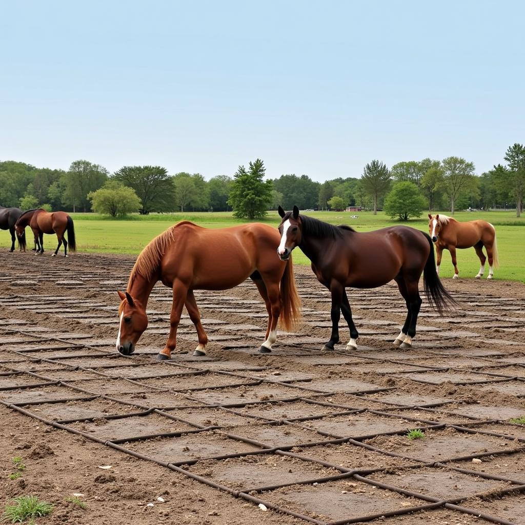 Horses Enjoying a Mud-Free Paddock with Grids