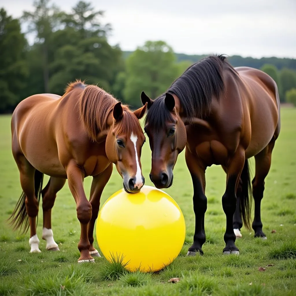 Two horses playfully interacting with a bouncy ball in a pasture