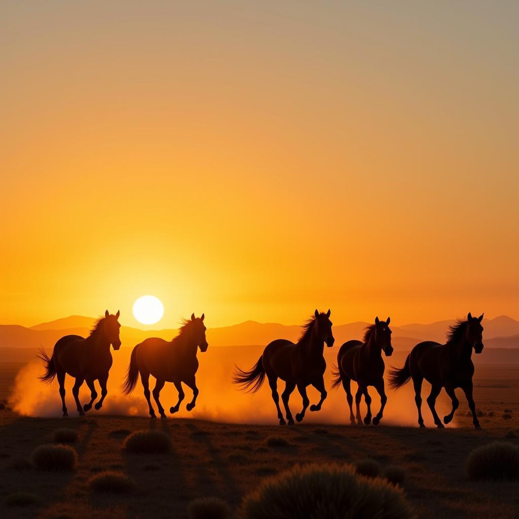 Horses running free at sunset