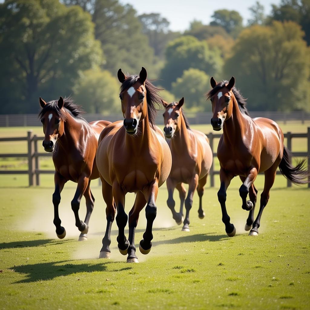 Horses running freely in a spacious pasture