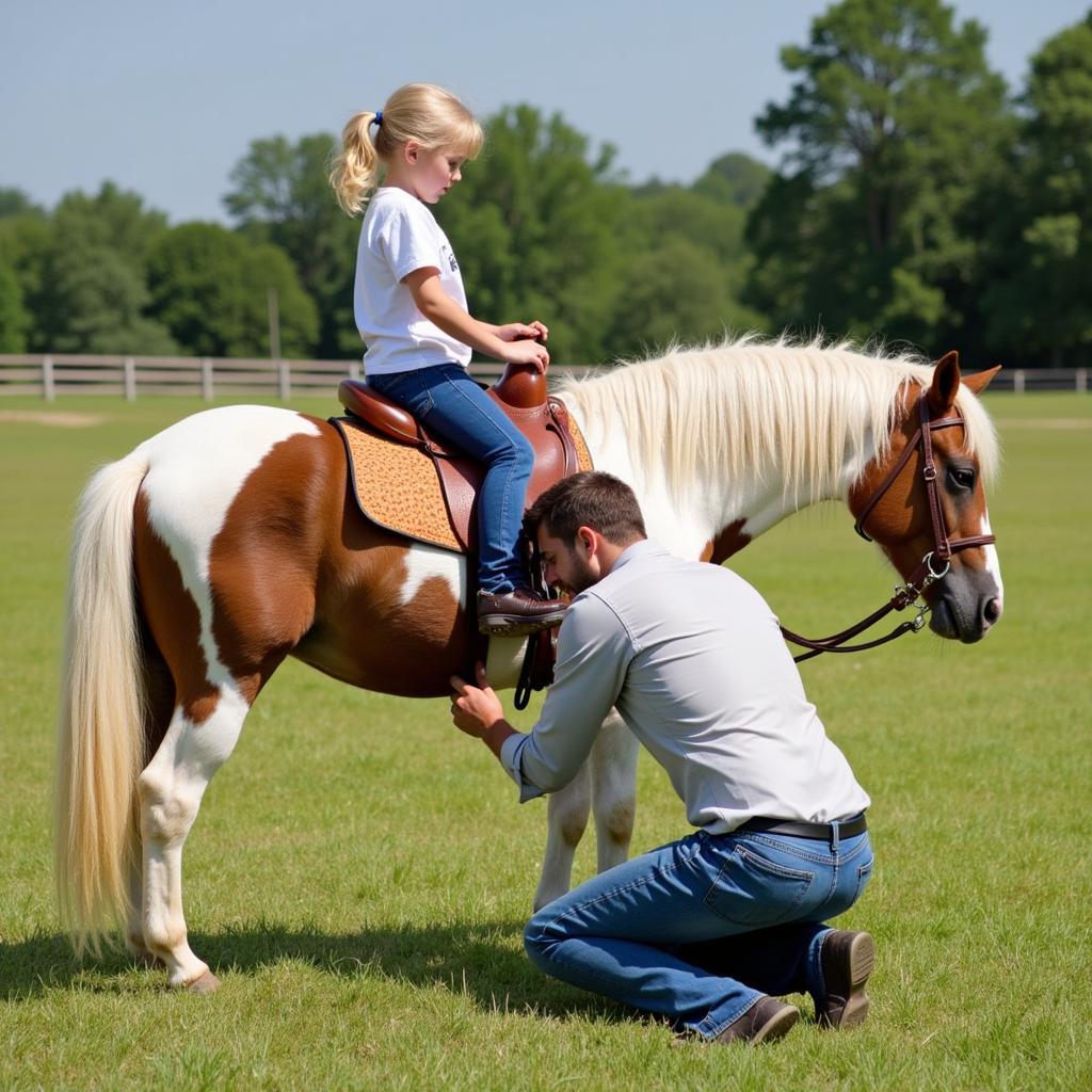 Child getting fitted for an infant horse saddle