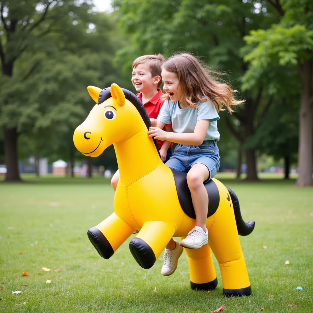 Kids Playing with Inflatable Horse