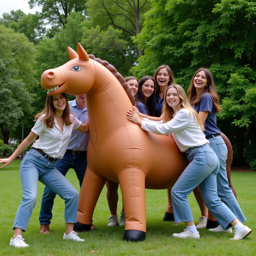 A group of friends pose playfully with a life-size blow-up horse during a photoshoot, creating fun and memorable images.