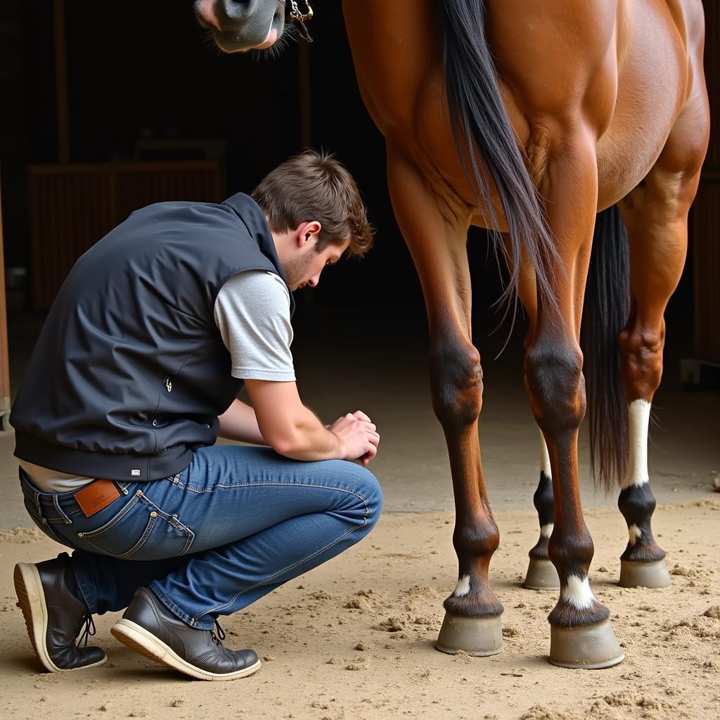 Close-up inspection of a draft horse's hooves