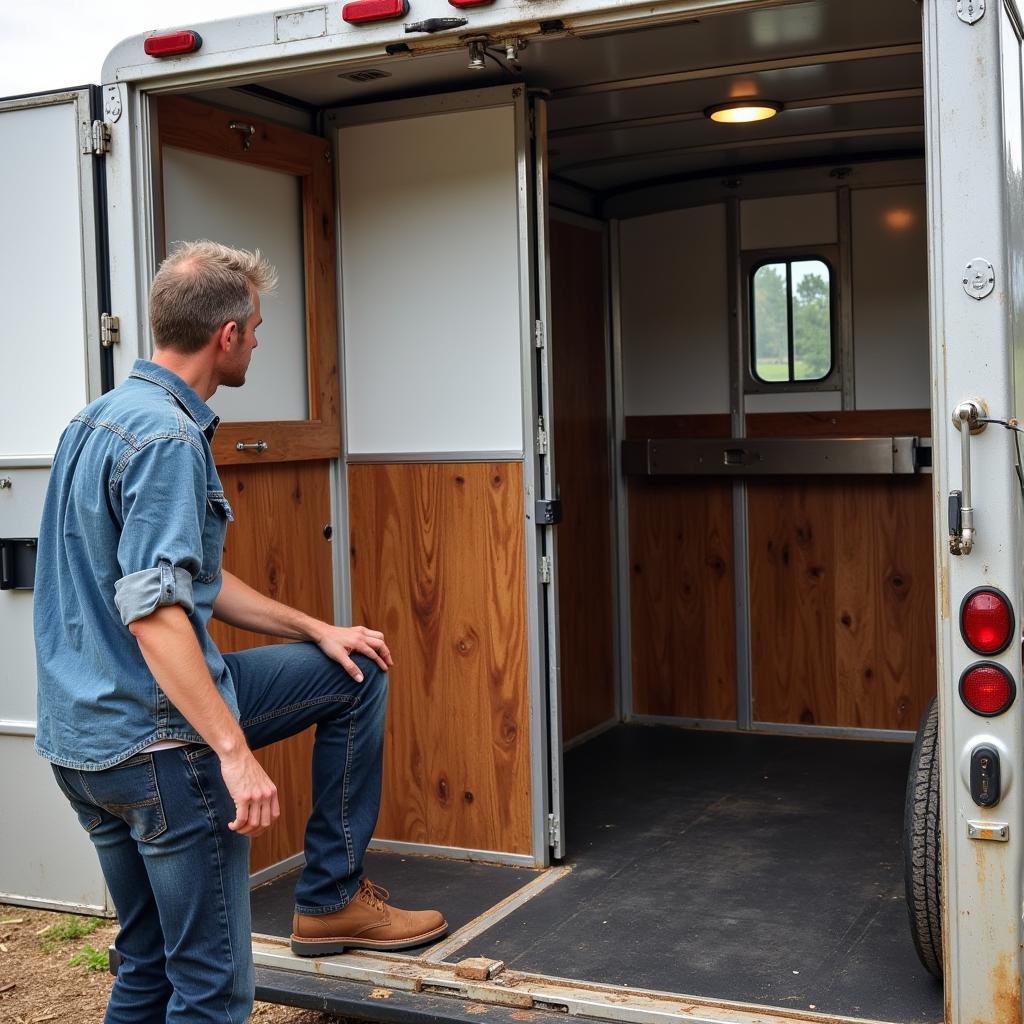 Inspecting a horse trailer for sale.