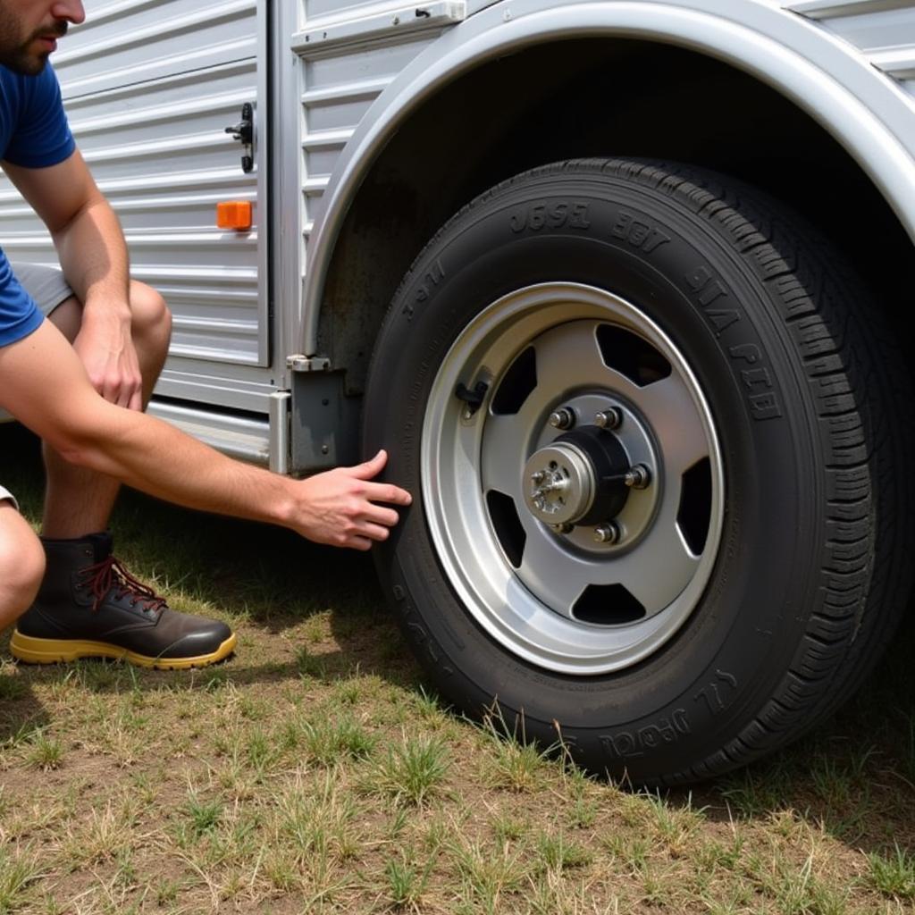  A person inspects the tires and undercarriage of a used horse trailer in Fort Worth.