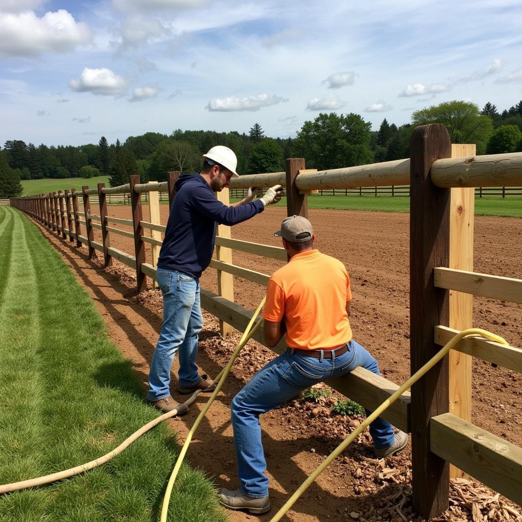 Two workers installing a wooden 4-rail horse fence