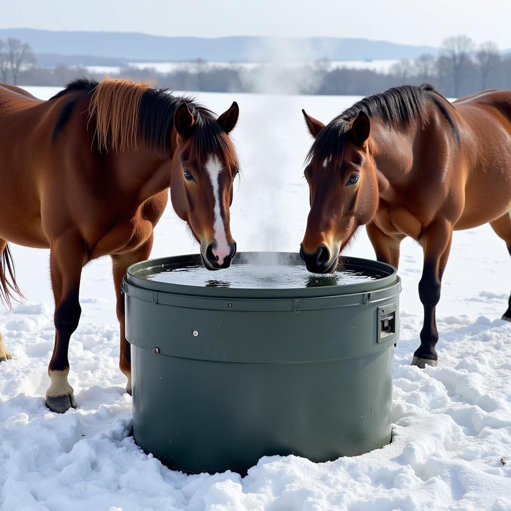 Insulated horse trough in a snowy pasture