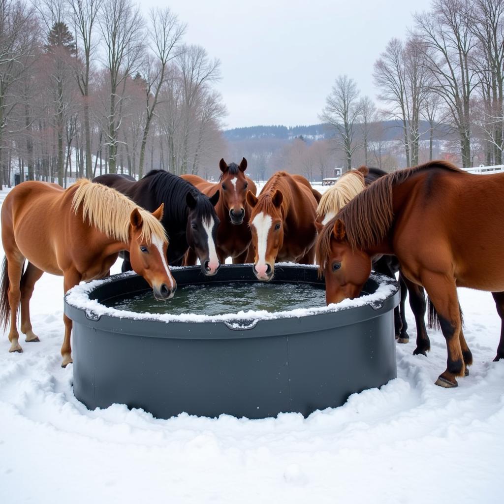 Horses drinking from an insulated water trough in a snowy pasture