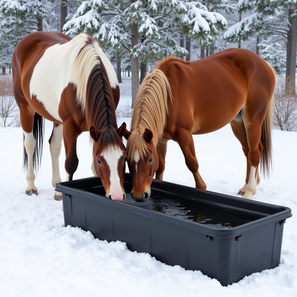 Horses drinking from an insulated water trough in the snow