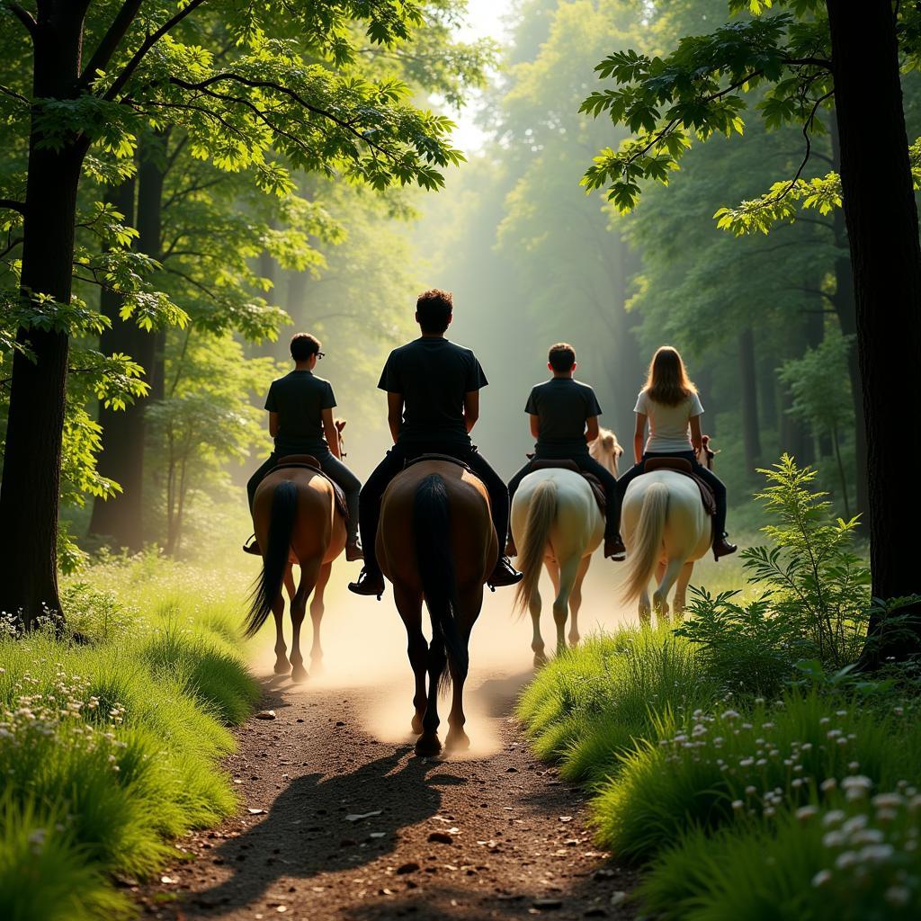 Group trail ride through an Irish forest