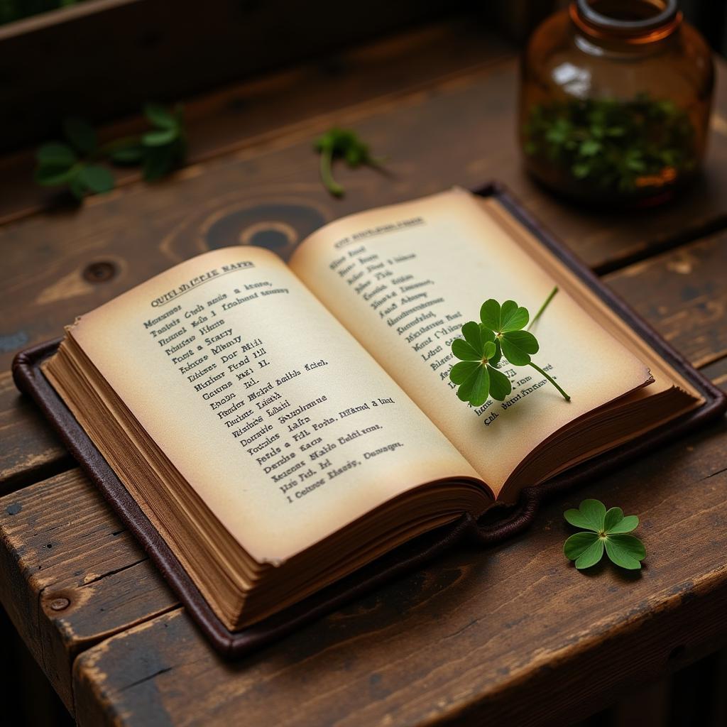 An open book showcasing a collection of Irish horse names rests upon a wooden table, adorned with a sprig of four-leaf clover.