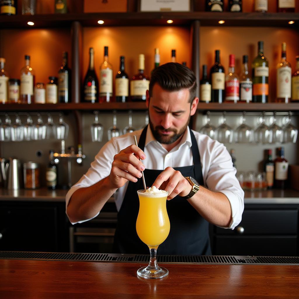 The bartender expertly crafting a colorful cocktail at the Iron Horse Bar and Grill, surrounded by a selection of beers on tap and spirits on display.