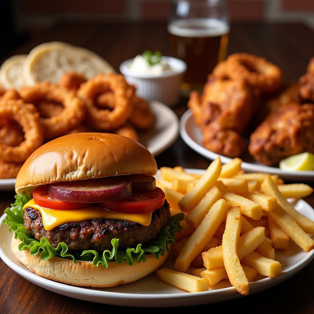 A spread of the most popular dishes at the Iron Horse Bar and Grill in Denison, TX, featuring mouthwatering burgers, crispy fries, and other tempting options.