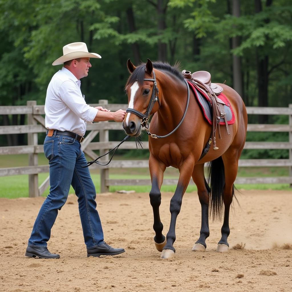 Jim Anderson working with a horse in an arena