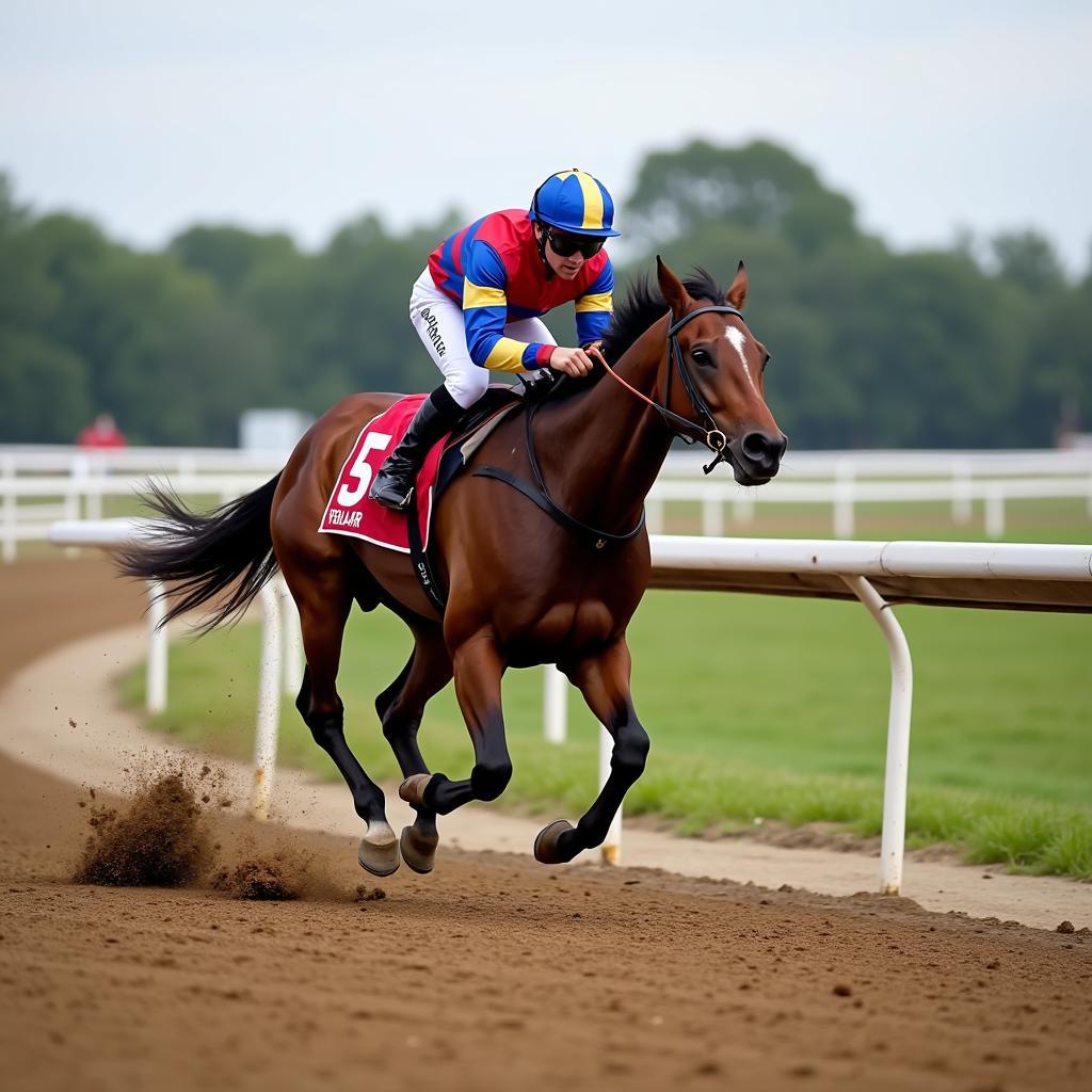 A jockey expertly guides his horse through a tight turn on a dirt track