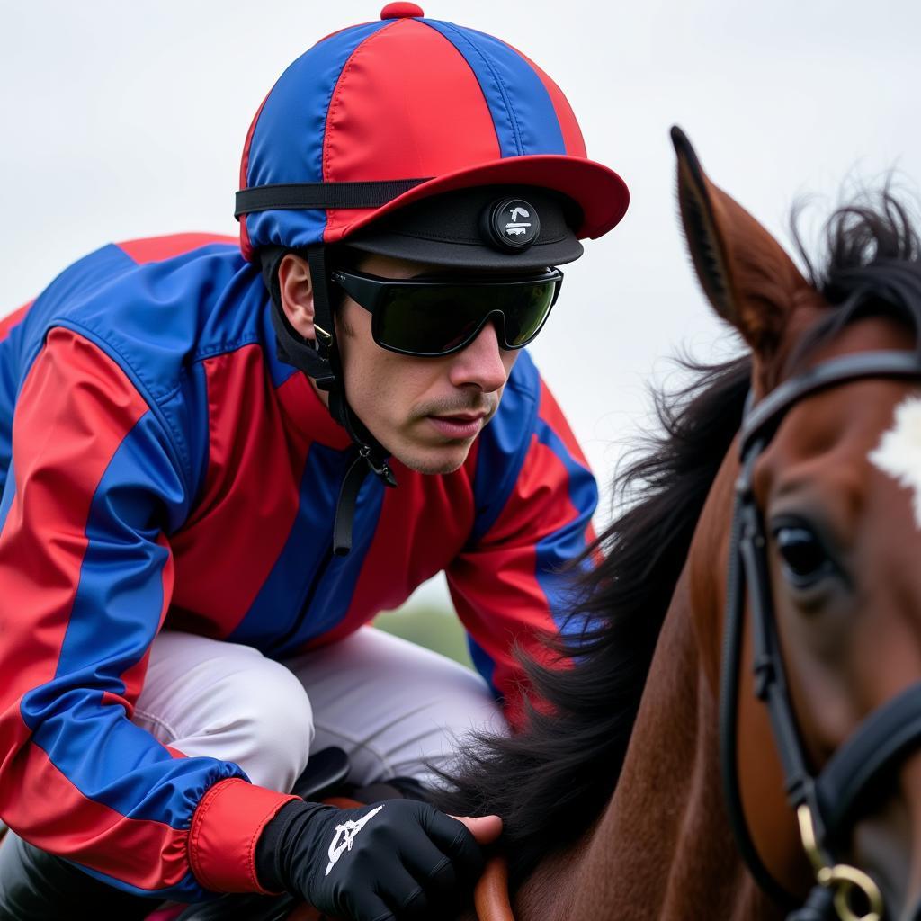 Jockey wearing colorful silks and helmet