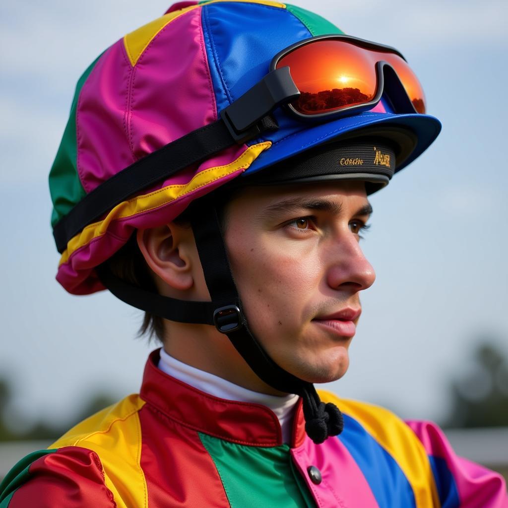 Jockey wearing colorful silks and helmet