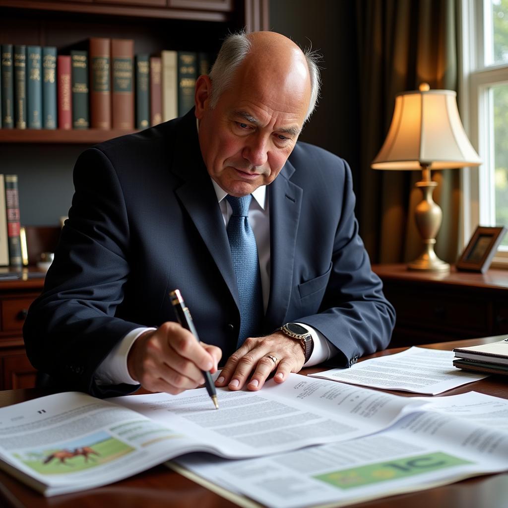 John Conte analyzing racing forms at the racetrack