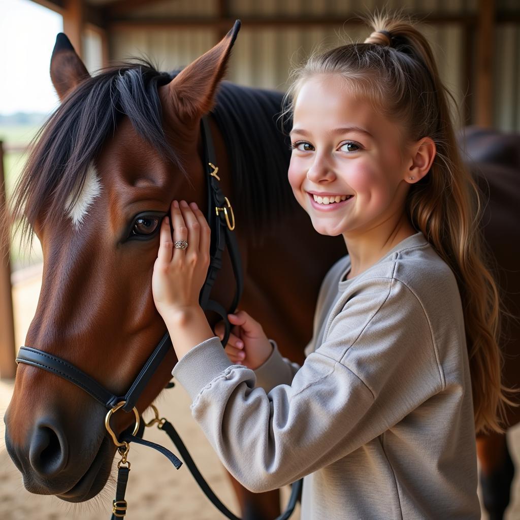 Young girl grooming a horse at KB horse camp