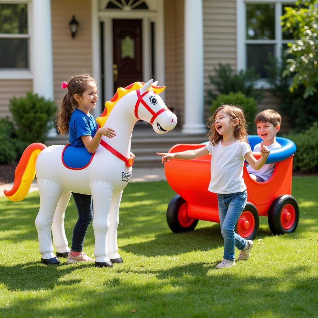 Children playing near an inflatable horse and carriage.