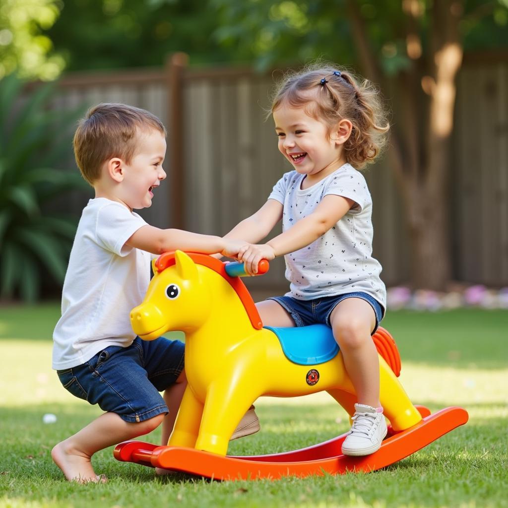 Children Enjoying an Outdoor Rocking Horse