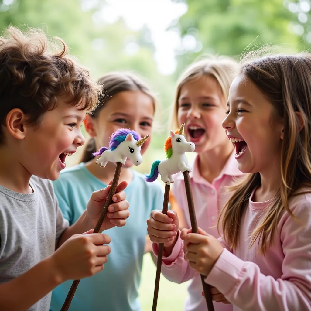 Kids Playing with Unicorn Stick Horses