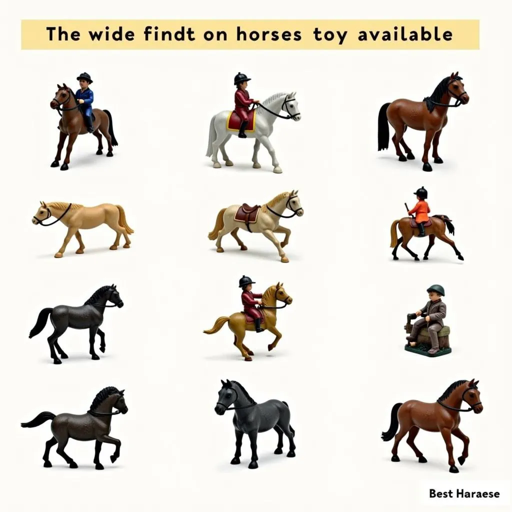 A diverse collection of knights on horses toys, including stick horses, plush toys, and figurines