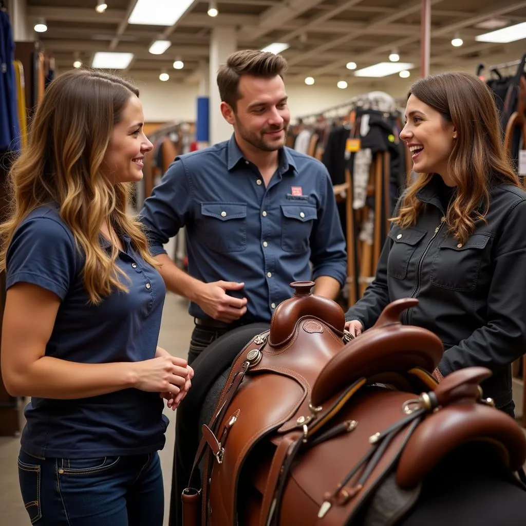 Horse tack store staff assisting a customer