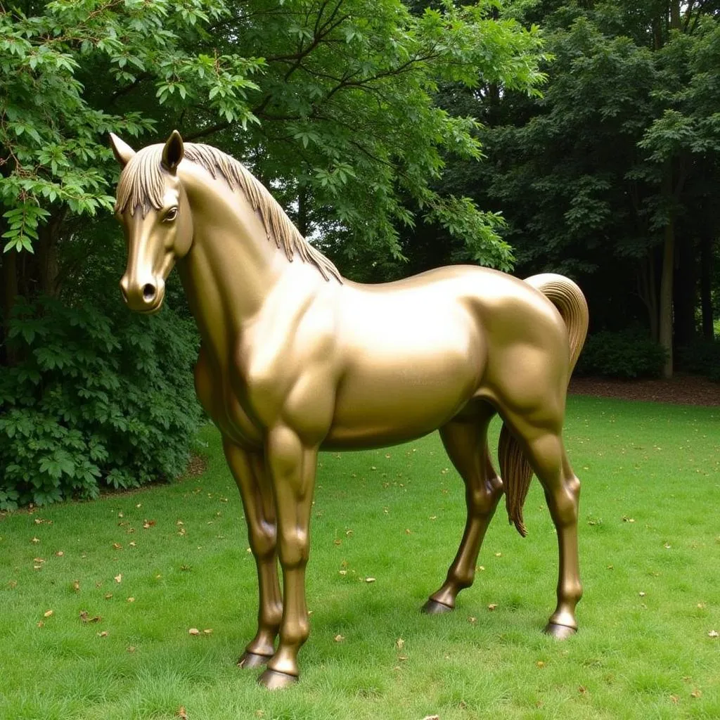 A large brass horse statue serving as a focal point in a garden