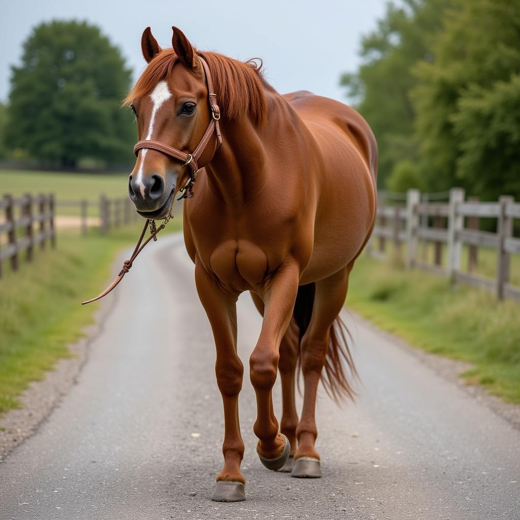 Horse leisurely walking on a gravel road