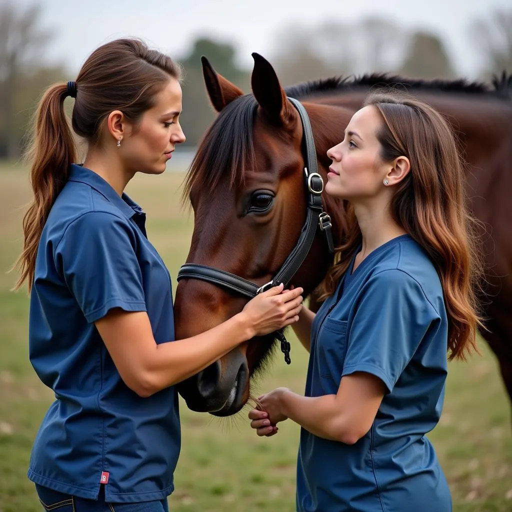 Leah Gyarmati inspecting a horse with a veterinarian