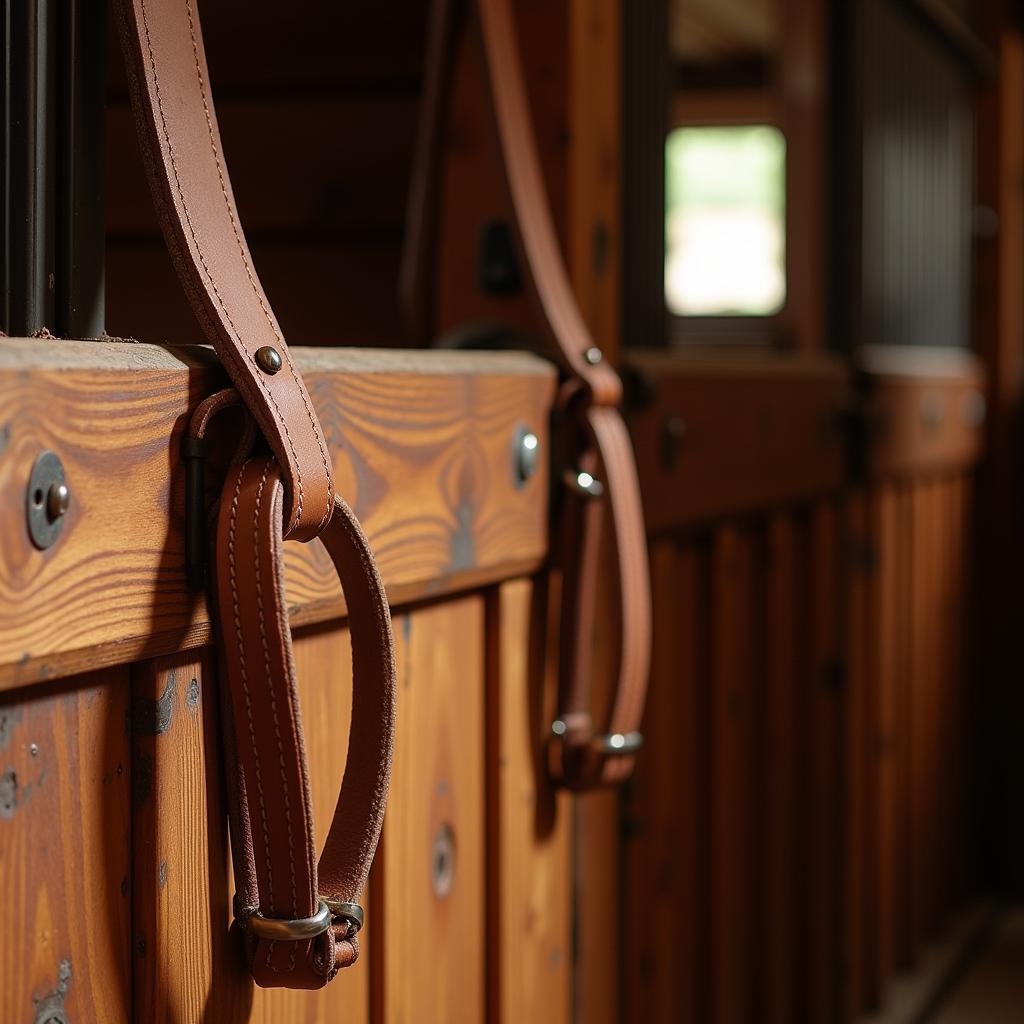 Leather crossties in a horse stable