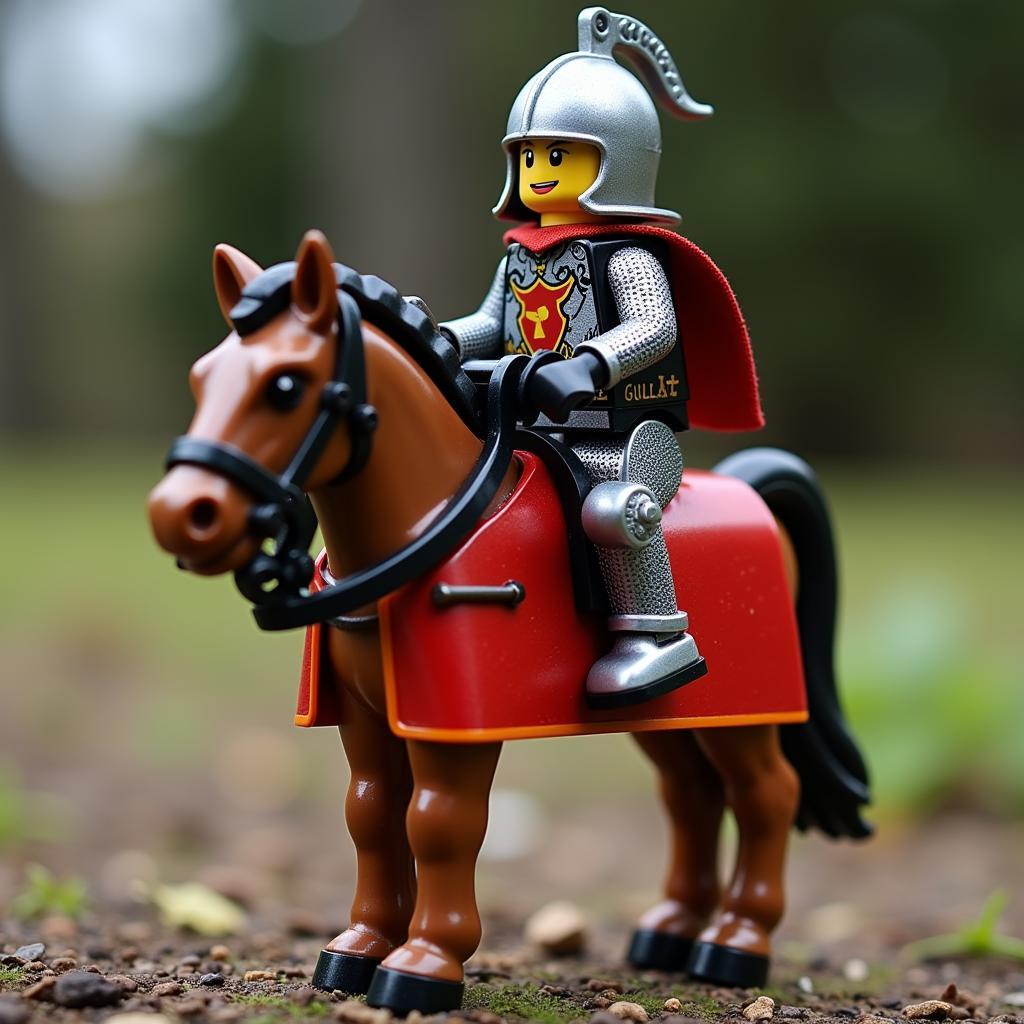 Lego knight minifigure riding a horse adorned with Lego barding