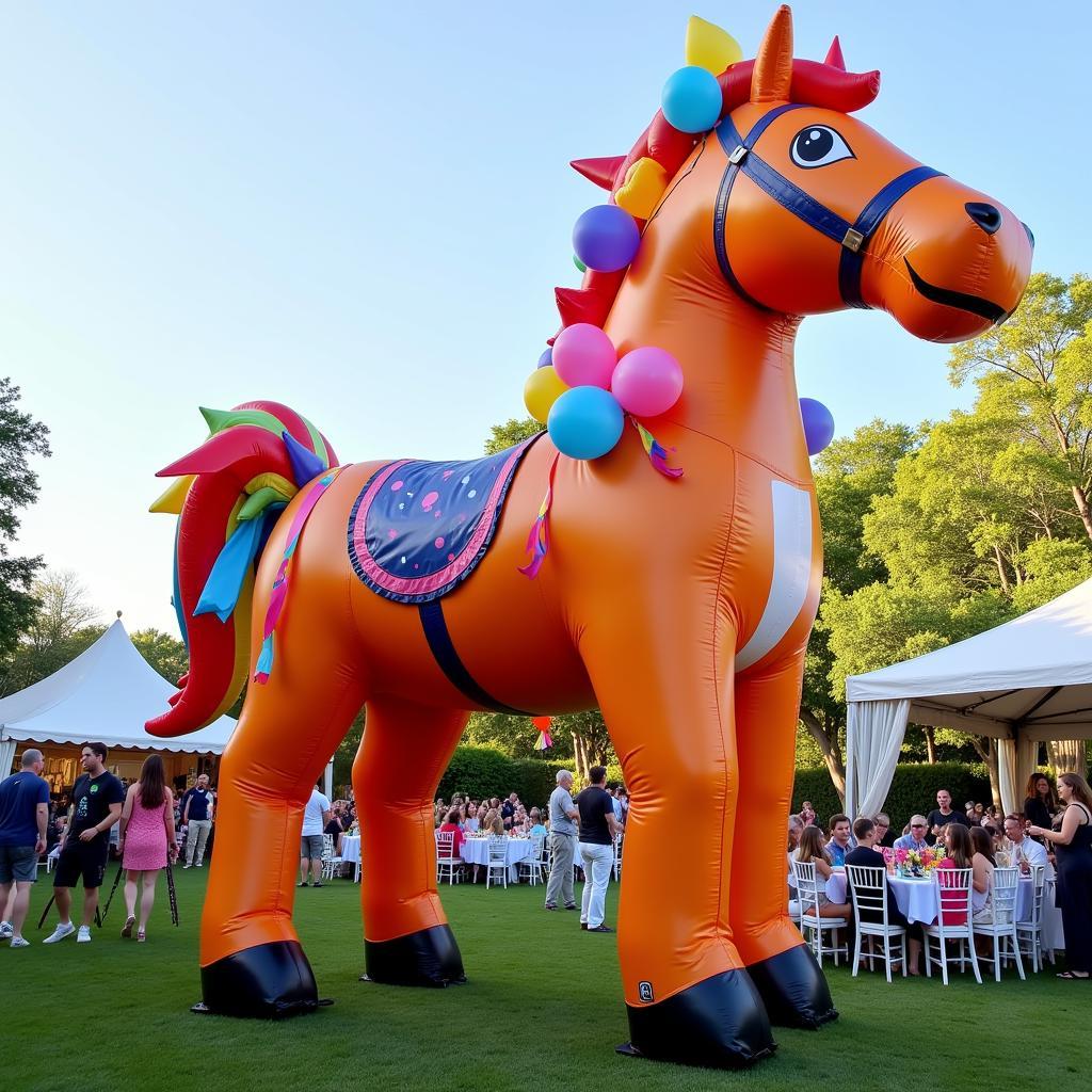 A life-size blow up horse takes center stage at a birthday party, adorned with colorful balloons and streamers.