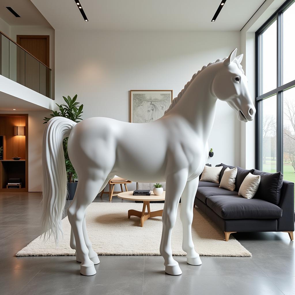 Life-size white horse statue in a living room