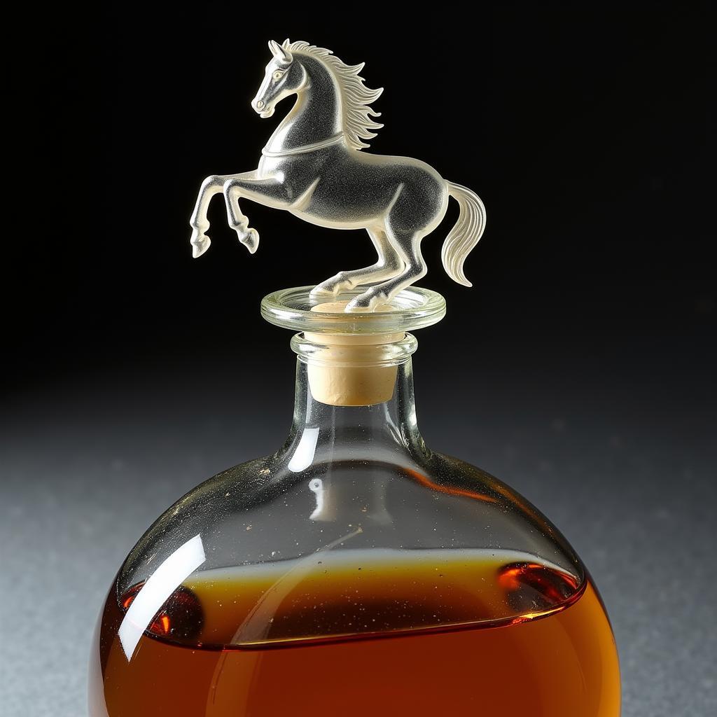 Antique liquor bottle with a detailed horse sculpture on the lid