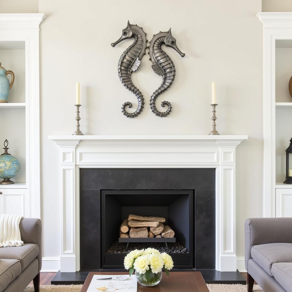 Living room with a large seahorse wall sculpture