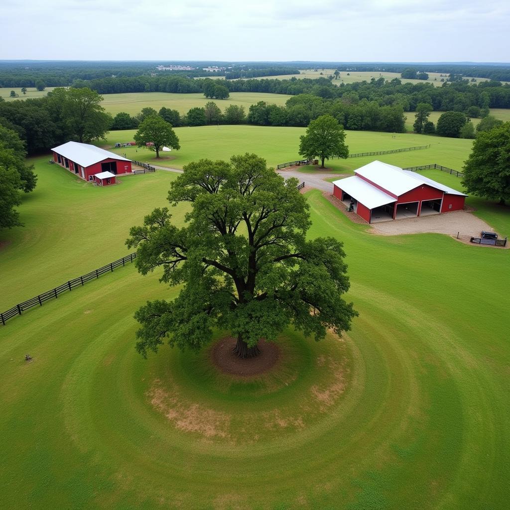 Aerial View of a Lone Oak Horse Farm