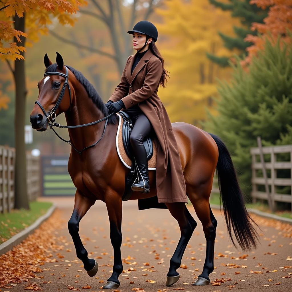 Woman wearing a stylish long horse riding coat while riding