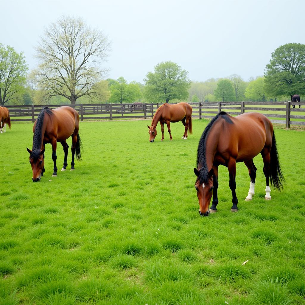 Horses grazing in lush green pastures