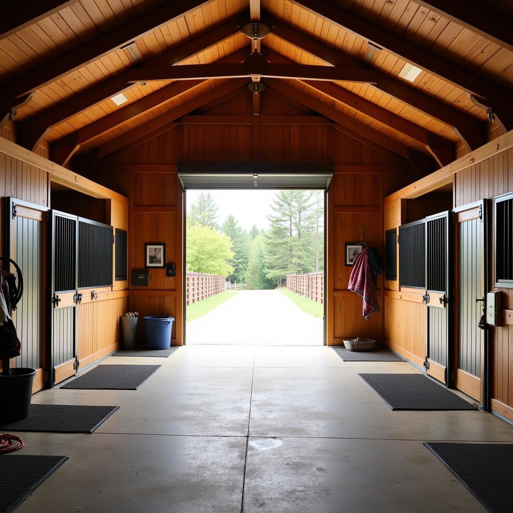 Interior of a well-equipped horse barn in Maine