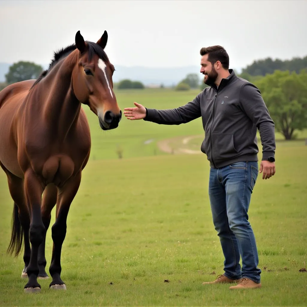 Man approaching a horse with caution