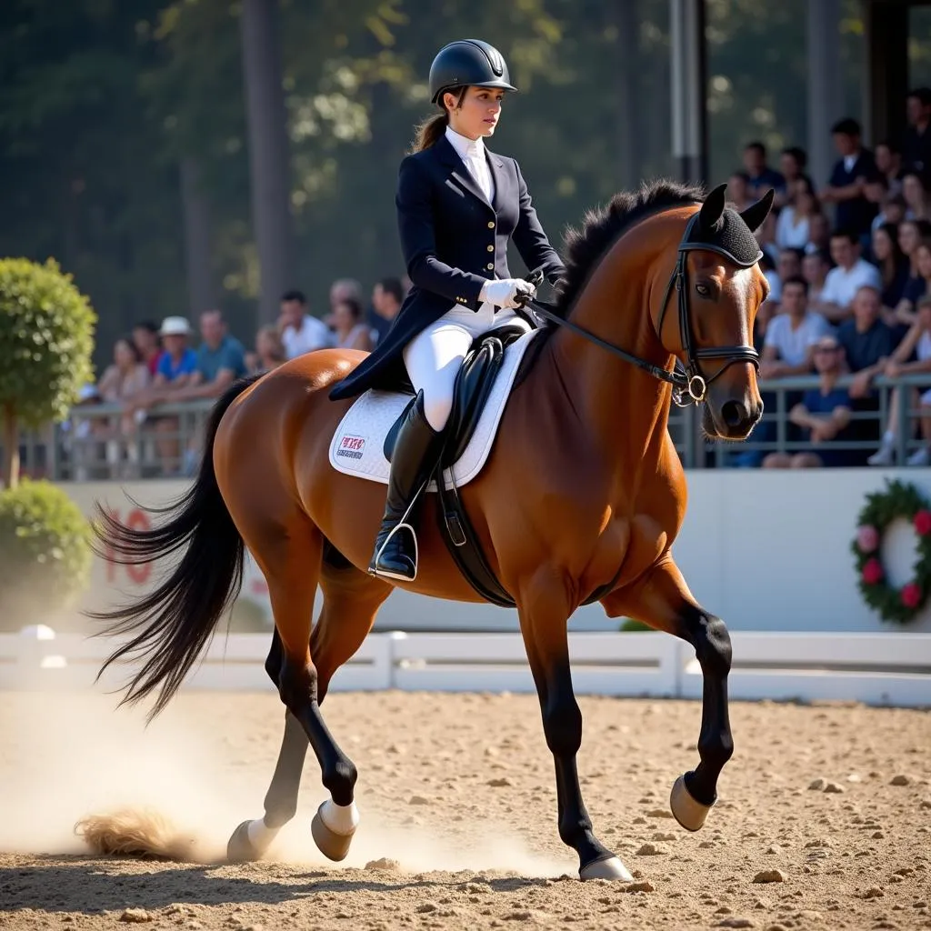 A dressage horse and rider performing intricate movements at the Manchester Horse Show