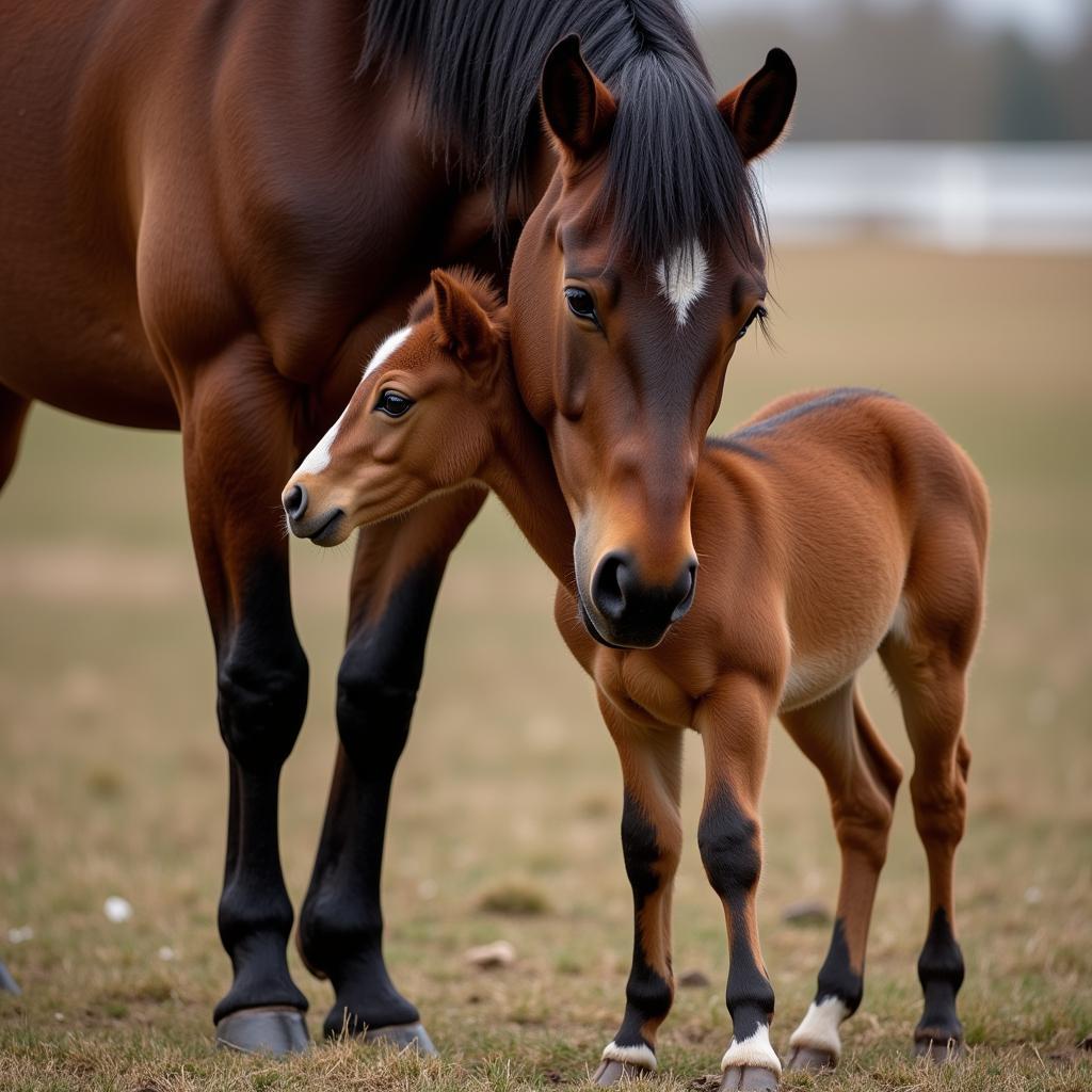 A Mare and Her Newborn Foal