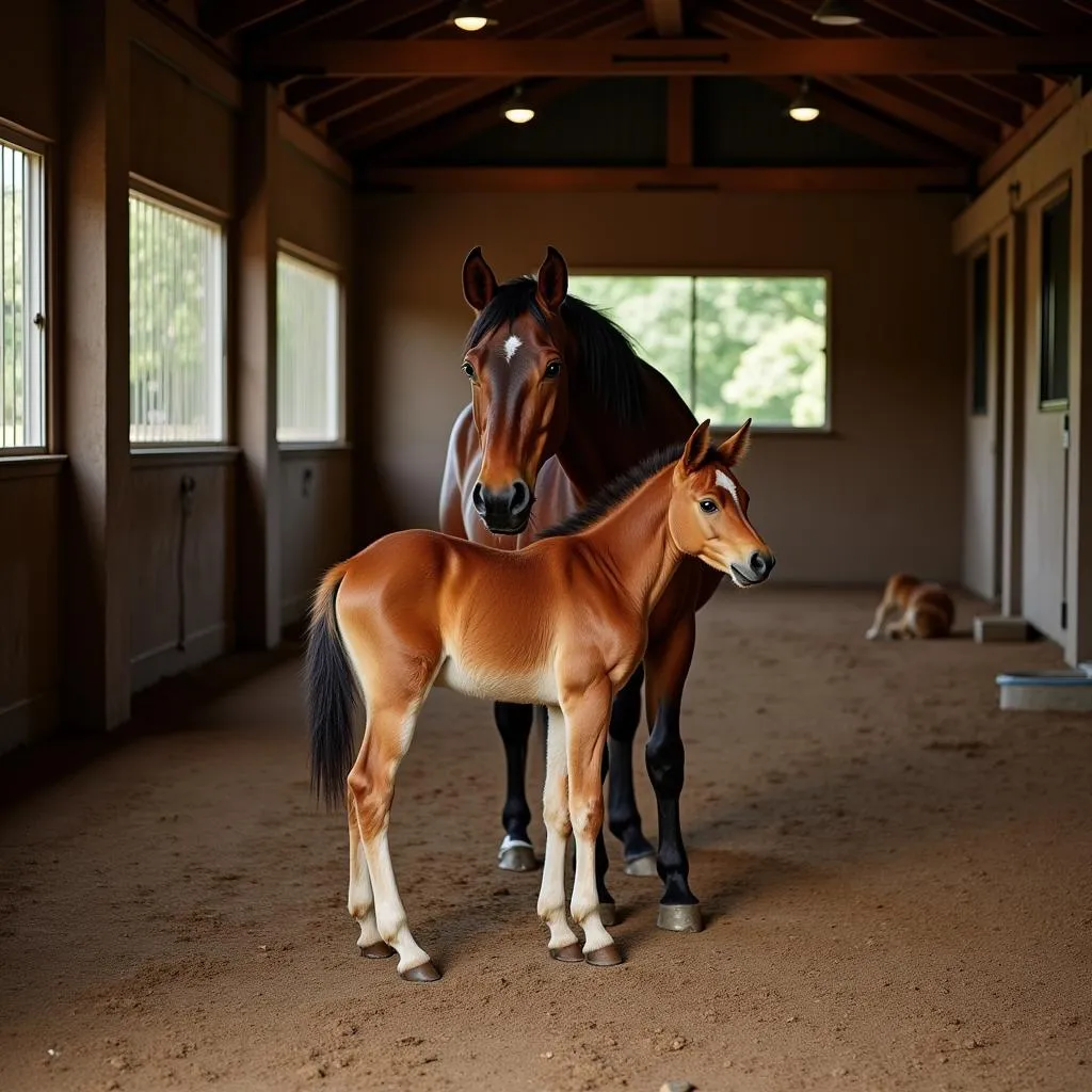 Protective mare and foal in a spacious stable